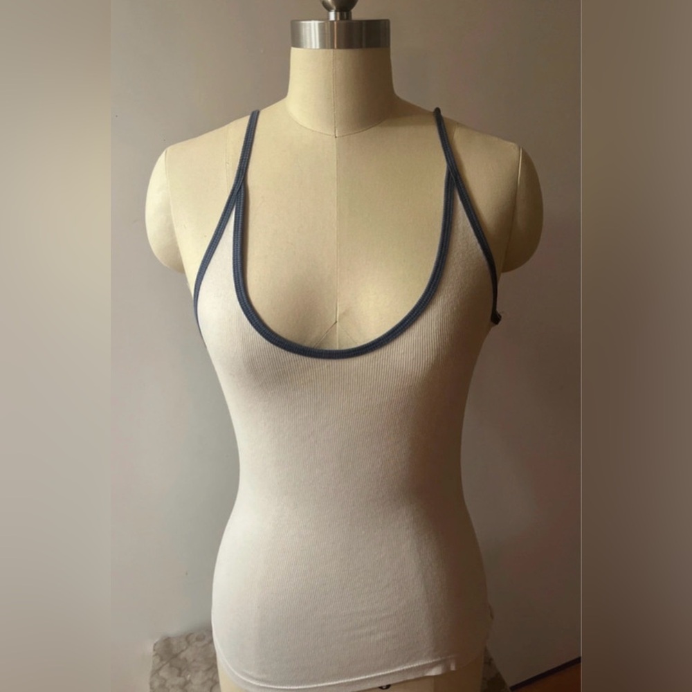 Women’s Cream Scoop Neck Tank with Navy Trim